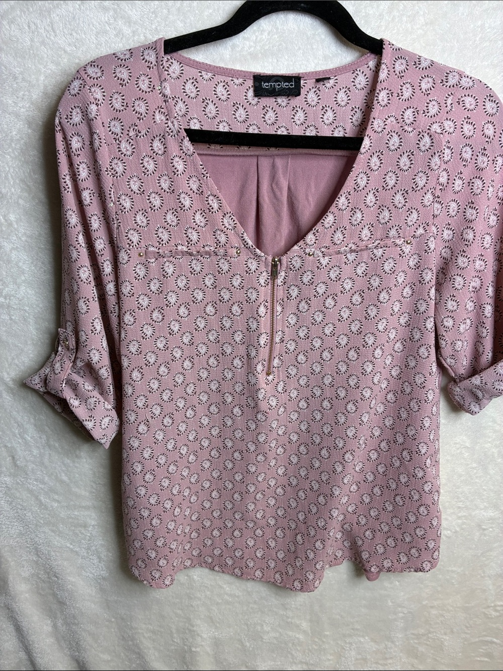 Tempted Pink Eyelet-Style V-Neck Blouse with Front Zip